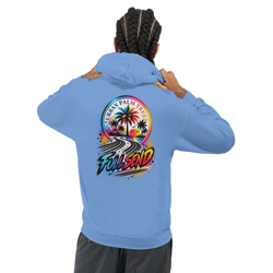 Blue Full Send car hoodie for men featuring a retro palm tree and tire track graphic on the back. Petrolhead streetwear sweatshirt.