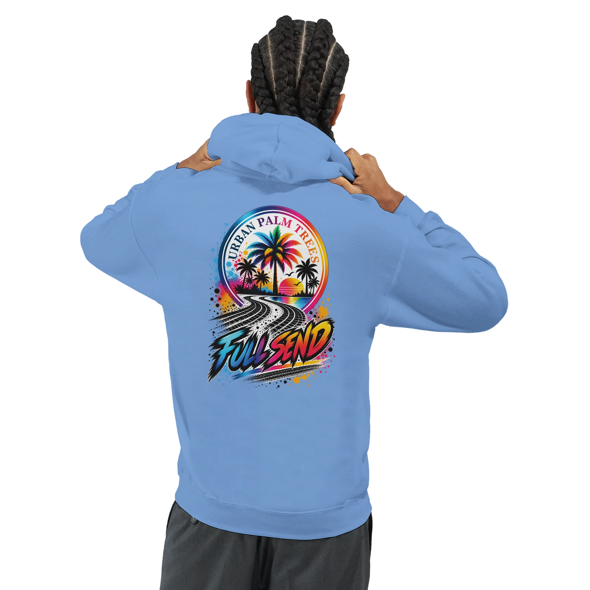 Blue Full Send car hoodie for men featuring a retro palm tree and tire track graphic on the back. Petrolhead streetwear sweatshirt.