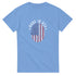Light blue men's T-shirt with circular fingerprint flag design and Made in USA arch text.