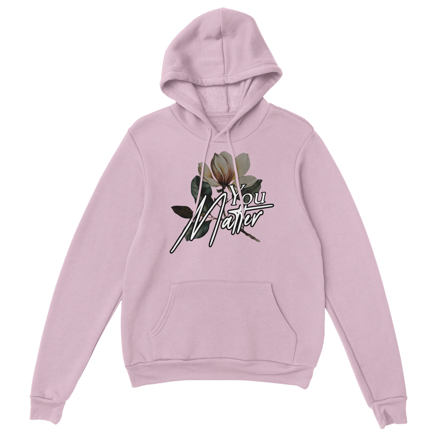 You Matter slogan hoodie with floral graphic on soft pink 50/50 cotton-poly blend, front pouch pocket