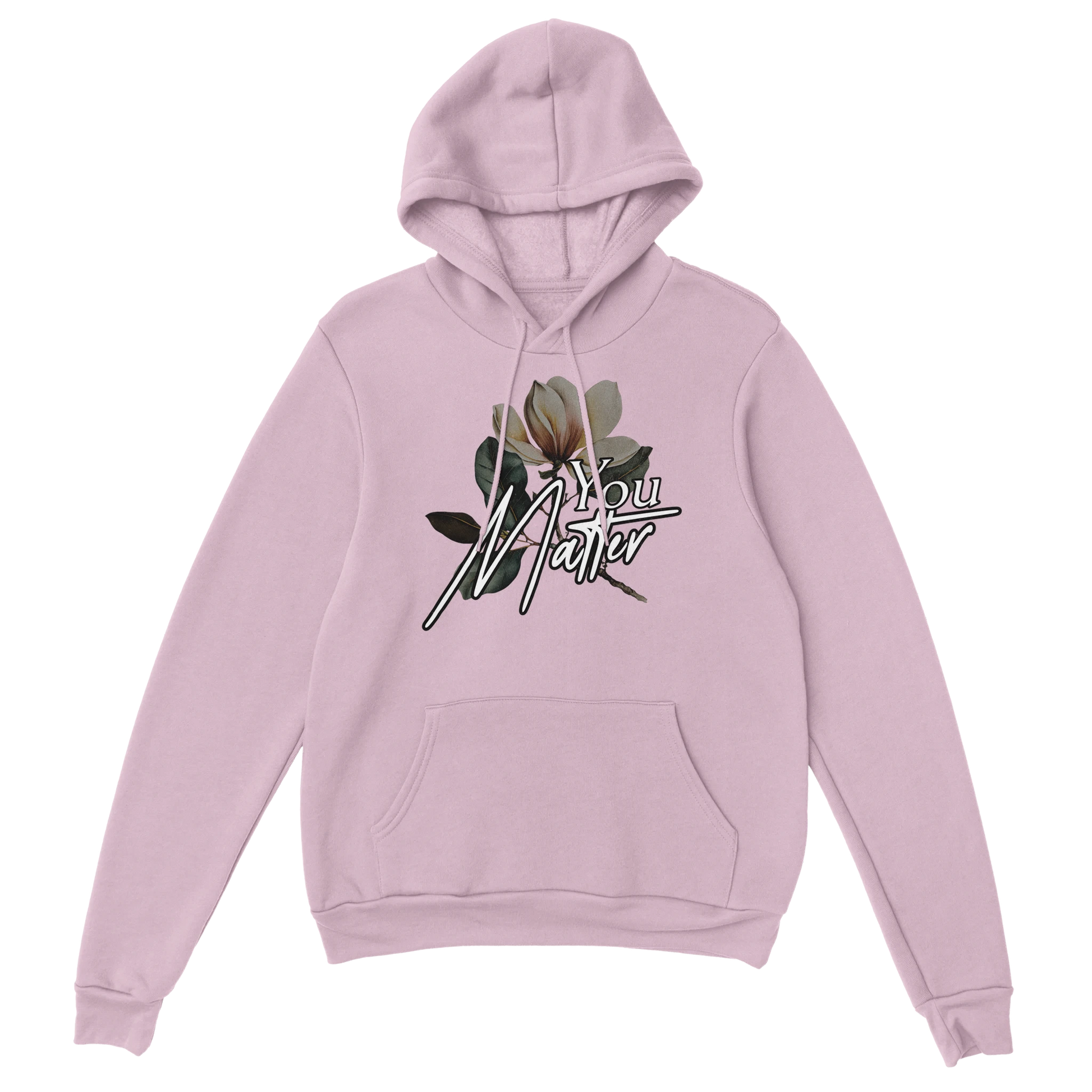 You Matter slogan hoodie with floral graphic on soft pink 50/50 cotton-poly blend, front pouch pocket