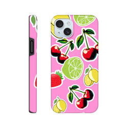 Pink iPhone case featuring cherry, lime, and lemon sticker art. Tough, shock-absorbing cover with bold fruit graphics for streetwear style.