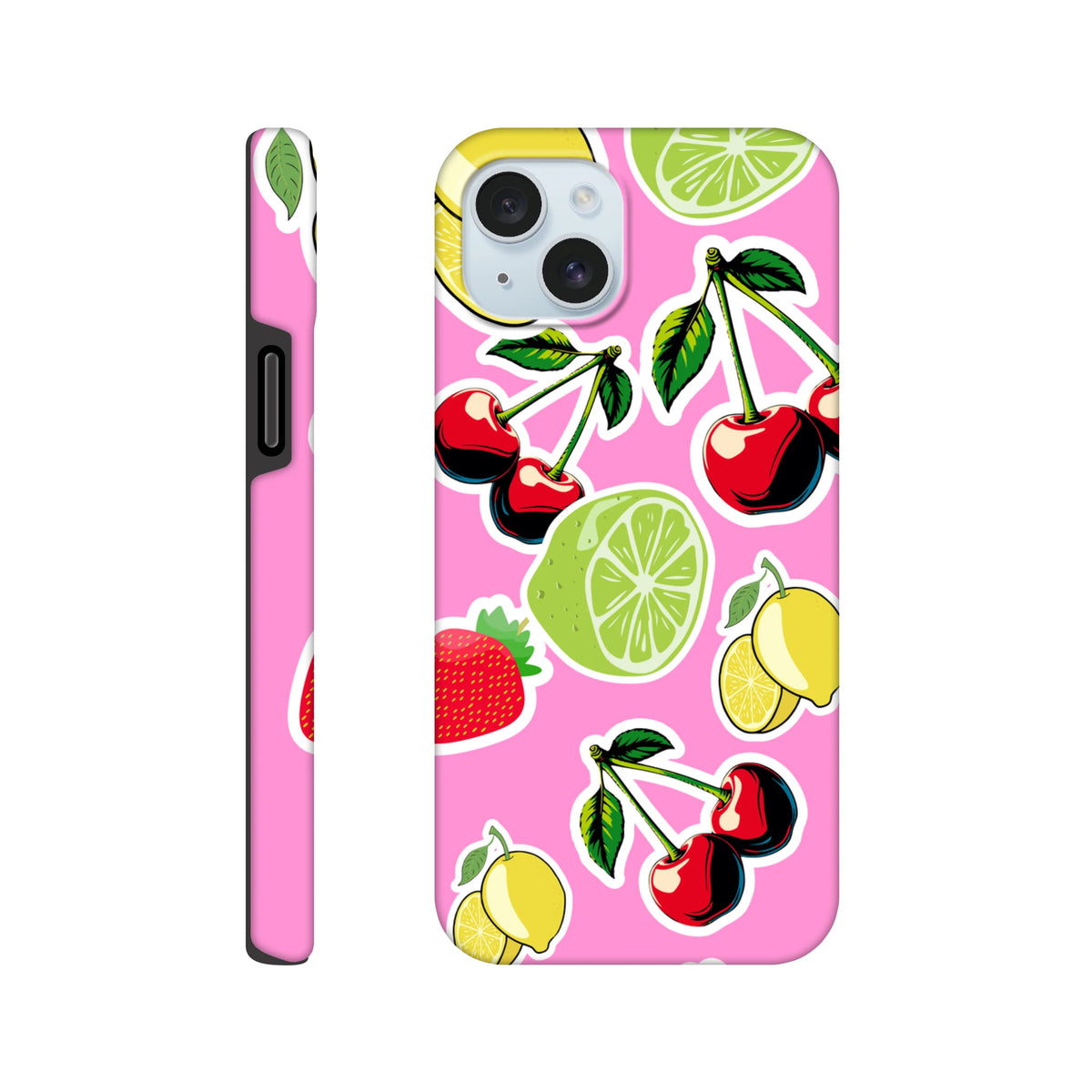 Pink iPhone case featuring cherry, lime, and lemon sticker art. Tough, shock-absorbing cover with bold fruit graphics for streetwear style.