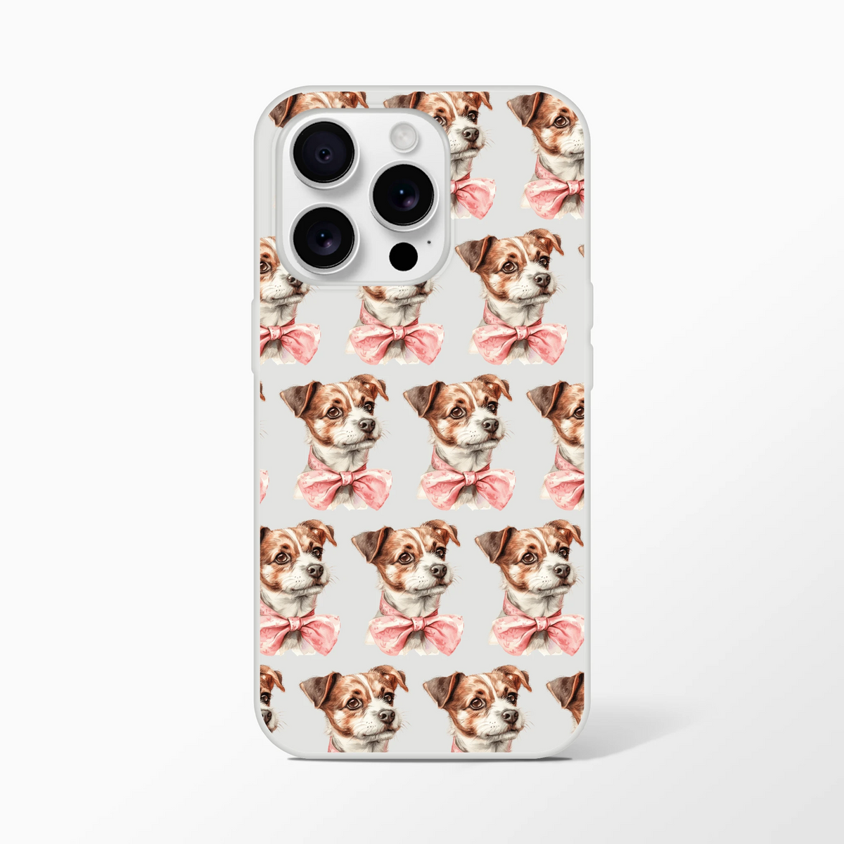 Transparent iPhone case with repeating cute dogs wearing pink bows on a frosty background for iPhone 13-16