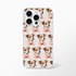 Transparent iPhone case with repeating cute dogs wearing pink bows on a frosty background for iPhone 13-16