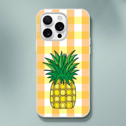 Cute pineapple gingham iPhone case for 13-16, summer aesthetic with bright checks and pineapple motif.