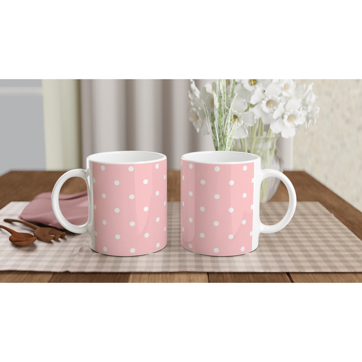 Retro pastel pink ceramic mug with white polka dots and comfy handle. Cute coffee cup for daily tea or coffee routines.