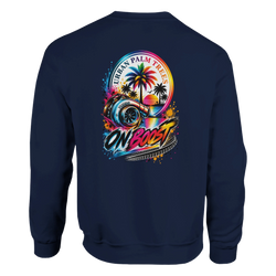 Navy petrolhead jumper featuring vibrant "On Boost" turbo graphic with palm trees and retro sunset design.
