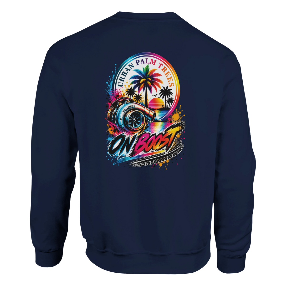 Navy petrolhead jumper featuring vibrant "On Boost" turbo graphic with palm trees and retro sunset design.