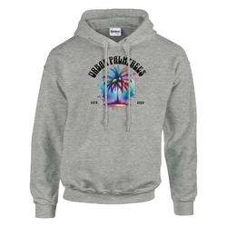 Urban Palm Trees Hoodie with colorful palm tree artwork, gray fabric, front pouch pocket, and double-lined hood.