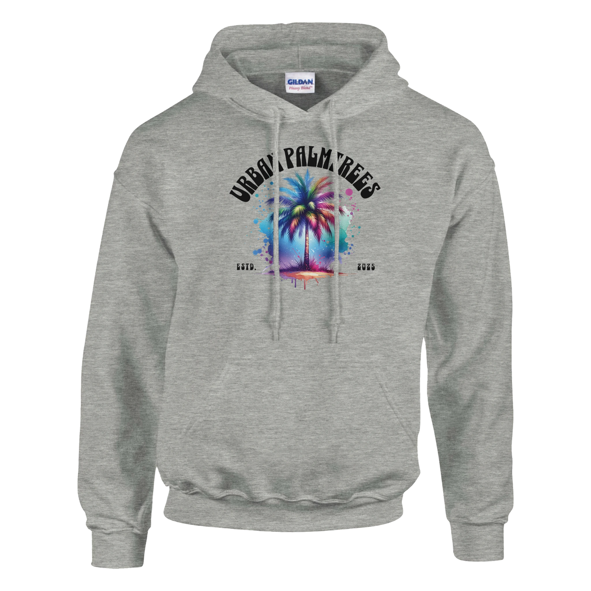 Urban Palm Trees Hoodie with colorful palm tree artwork, gray fabric, front pouch pocket, and double-lined hood.