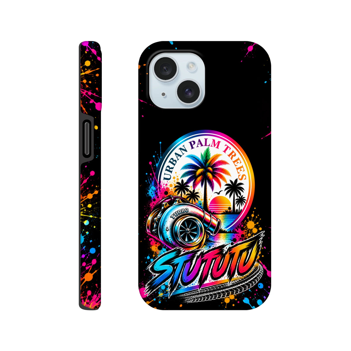 Turbo Petrolhead iPhone case featuring colorful turbocharger, palm trees, and Urban Palm Trees wraparound print on black splatter background.