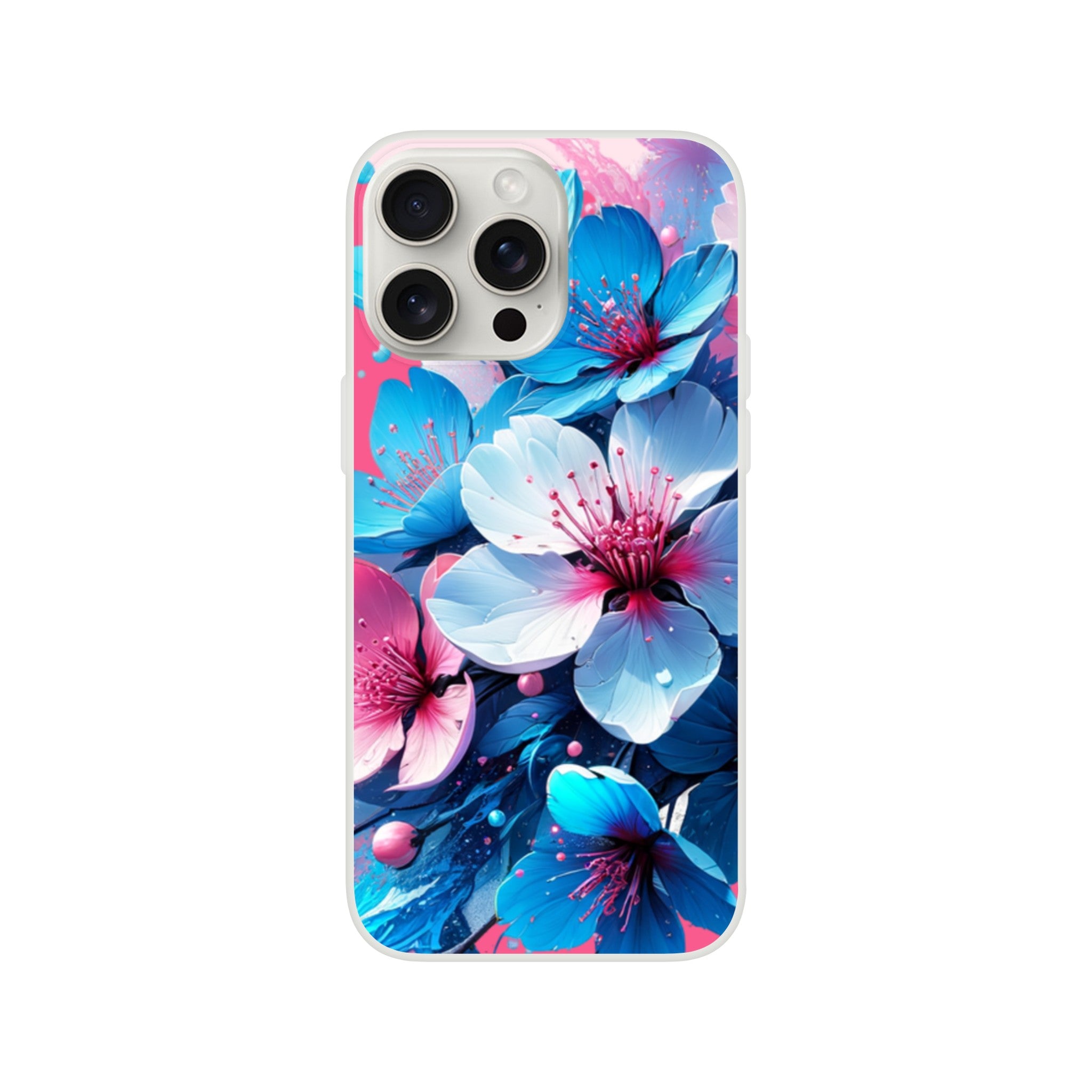 Blossom Floral iPhone case with blue and pink blooms; slim TPU protective cover for iPhone 16, 15, 14, 13