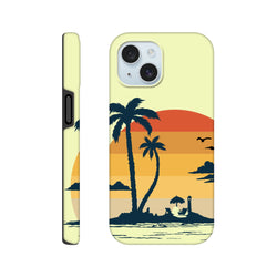Retro tropical sunset iPhone case featuring palm tree silhouettes, beach umbrella, and layered orange sun design with drop protection.