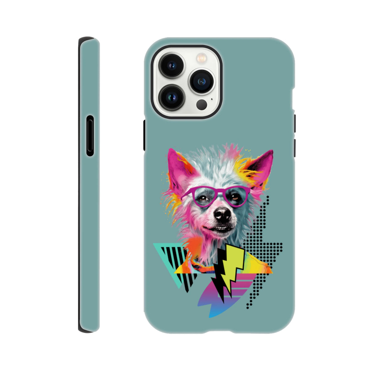 Retro pop art dog iPhone case with colorful glasses, geometric shapes, and lightning bolts on a teal background.