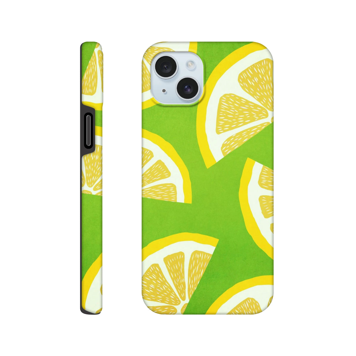 Green iPhone case with bold yellow lemon slice pattern. Shock-absorbing citrus fruit phone cover for urban commutes and drop protection.