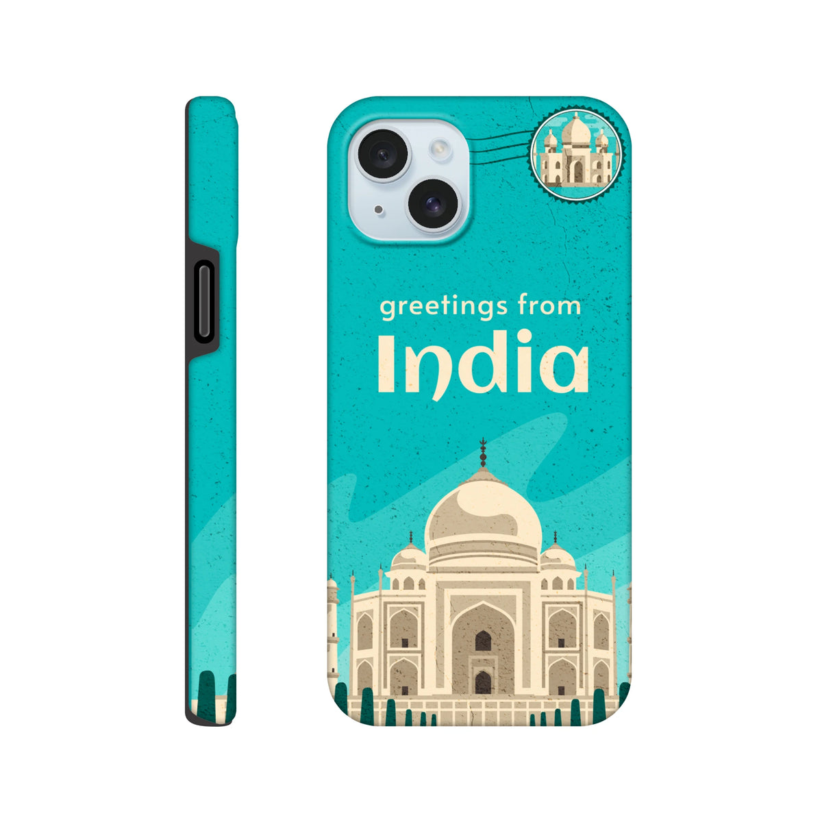 India Taj Mahal Postcard Tough iPhone Case (13-16) Travel Cover with wraparound Taj Mahal art on turquoise backdrop