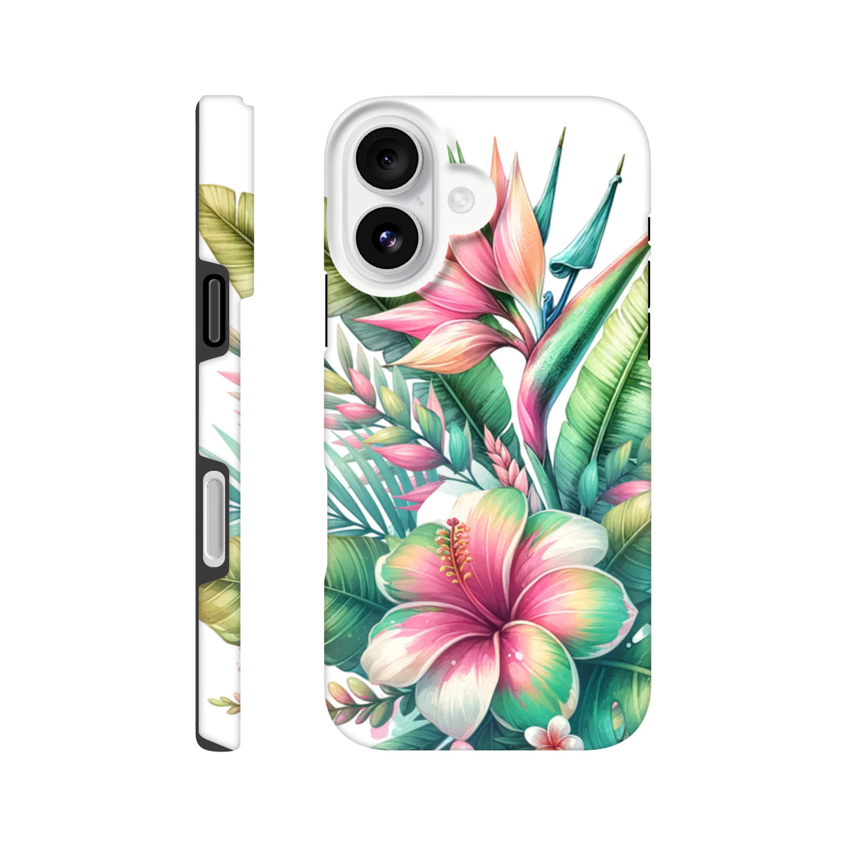 Tropical hibiscus and bird of paradise floral iPhone case with impact-resistant protection and side button access.