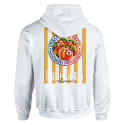 White hoodie back featuring retro striped peach graphic with Urban Palm Trees Manchester logo.