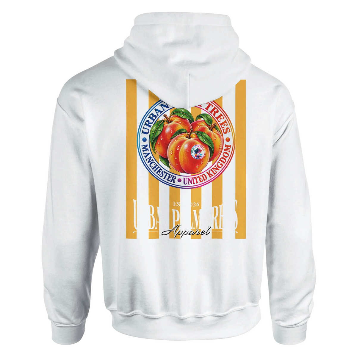 White hoodie back featuring retro striped peach graphic with Urban Palm Trees Manchester logo.