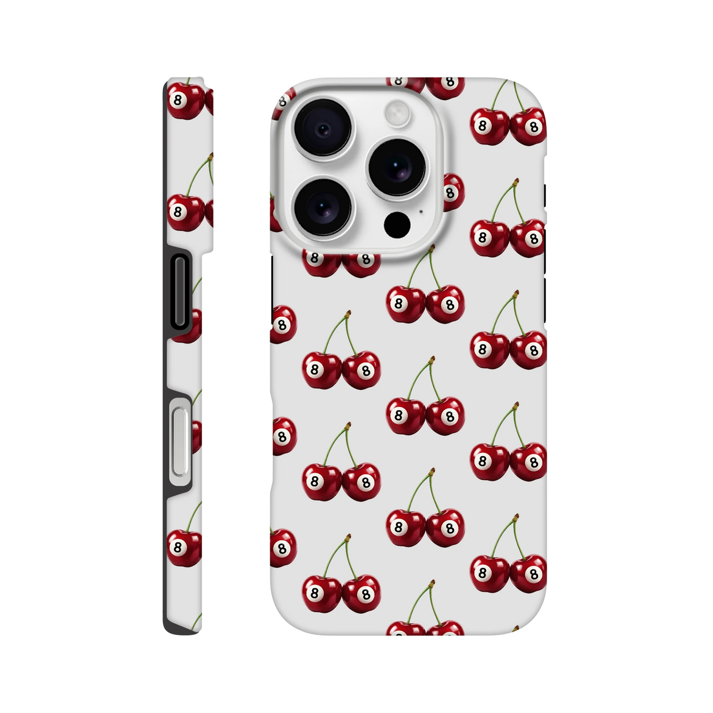 Lucky Cherries dual-layer protective phone case with wraparound cherry print for iPhone 13–16.