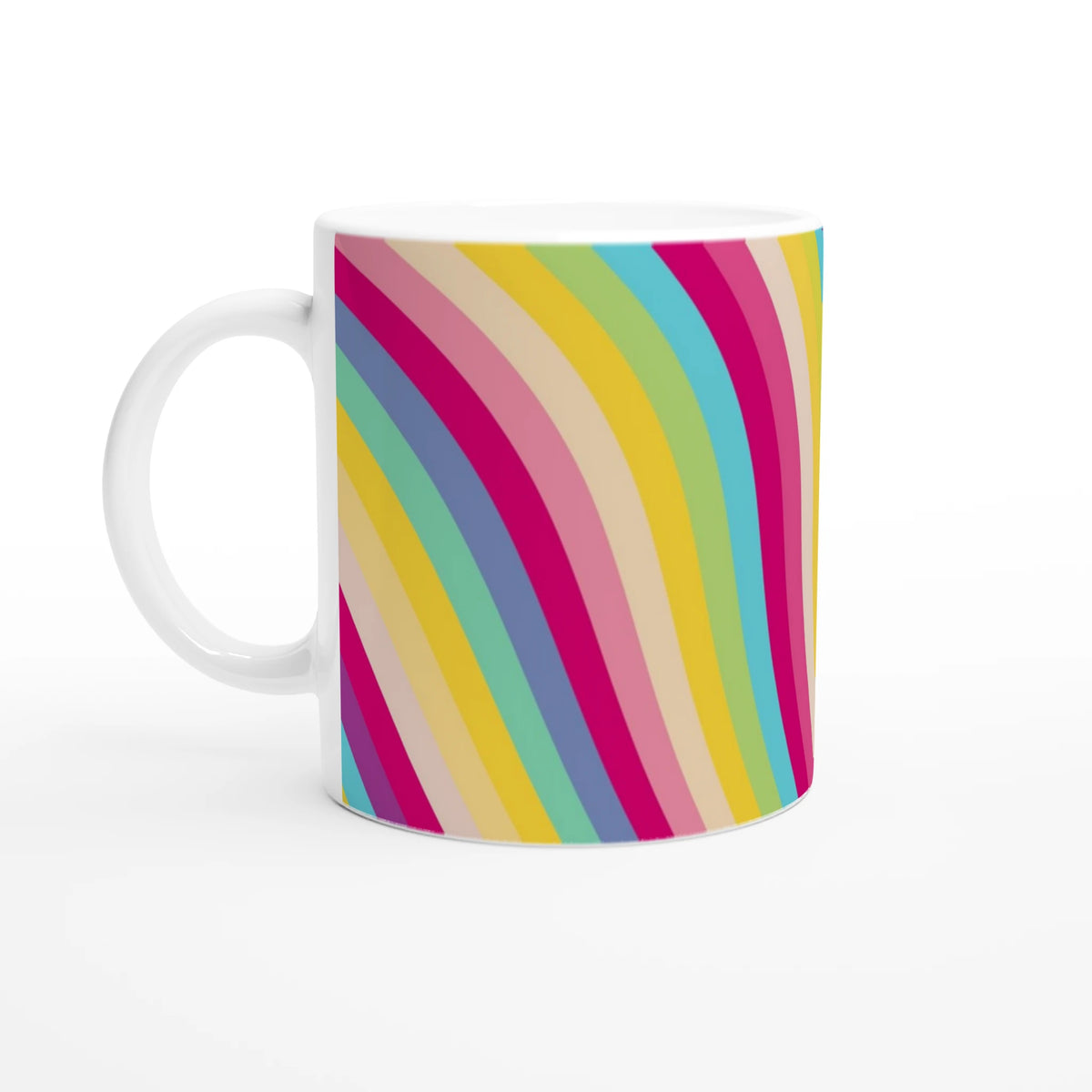 Retro rainbow-striped ceramic mug with diagonal colorful stripes.