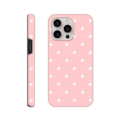 Pastel pink and white polka dot tough iPhone case featuring a dual-layer frame and shock-absorbing TPU for drop protection on models 13-16.
