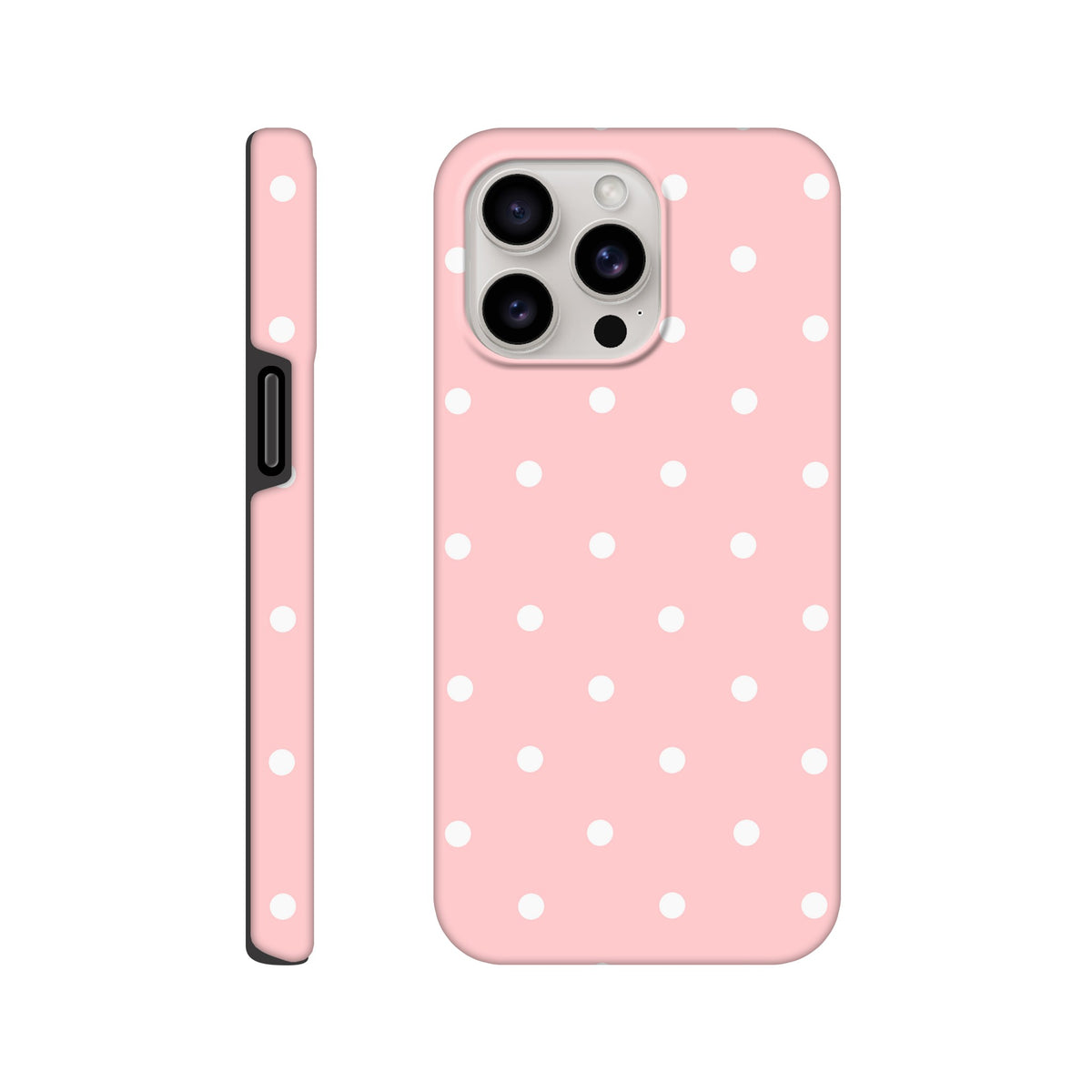 Pastel pink and white polka dot tough iPhone case featuring a dual-layer frame and shock-absorbing TPU for drop protection on models 13-16.