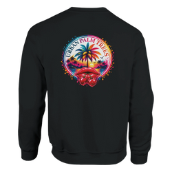Black sweatshirt back featuring retro tropical palm tree sunset graphic with bold red cherry lips and Urban Palm Trees text.