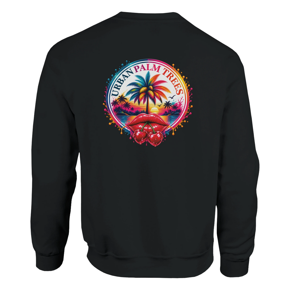 Black sweatshirt back featuring retro tropical palm tree sunset graphic with bold red cherry lips and Urban Palm Trees text.