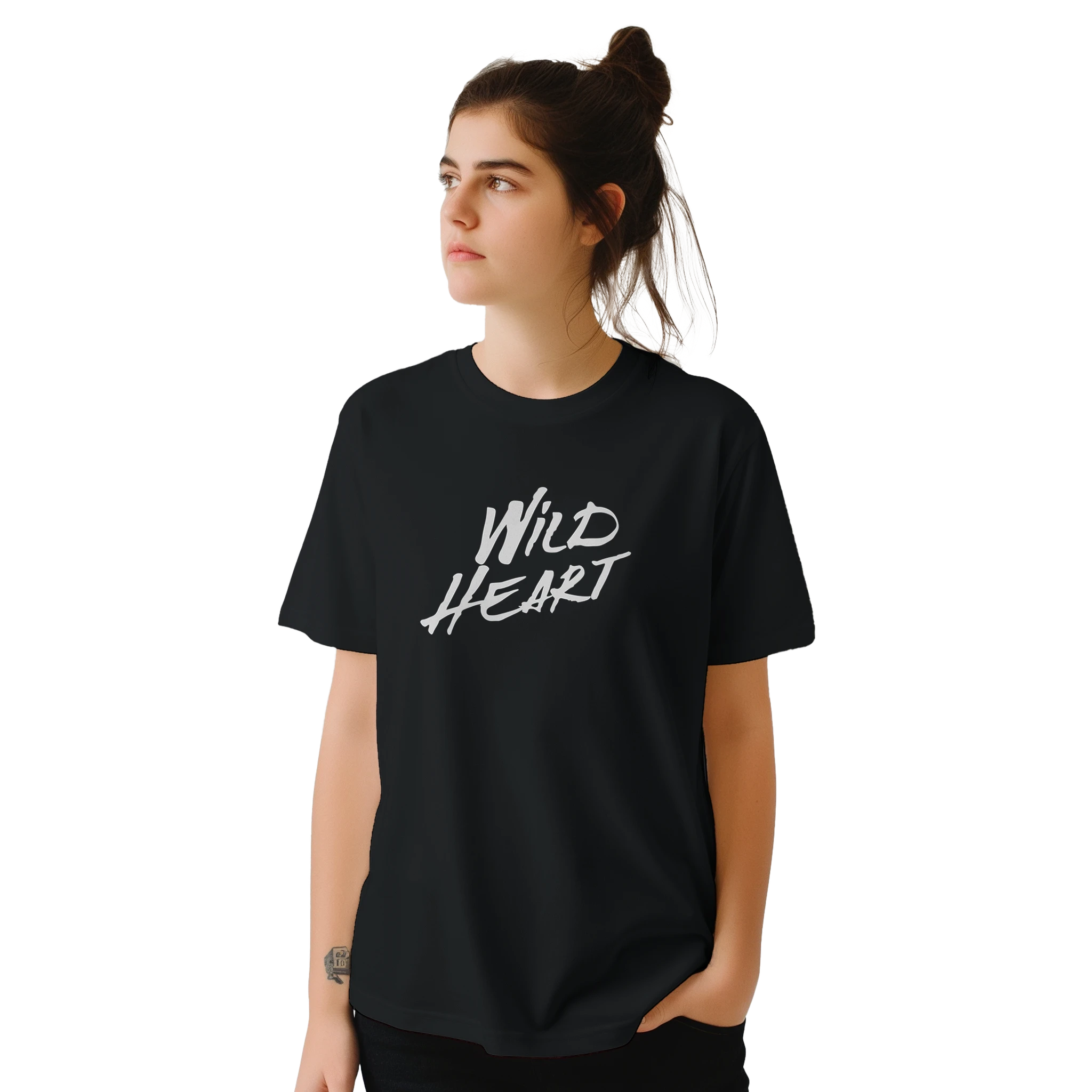 Cute Wild Heart T‑Shirt with retro slogan for women, shown on a woman wearing a black tee.