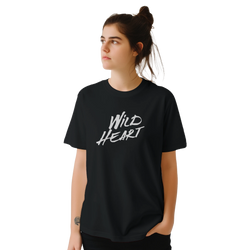 Cute Wild Heart T‑Shirt with retro slogan for women, shown on a woman wearing a black tee.