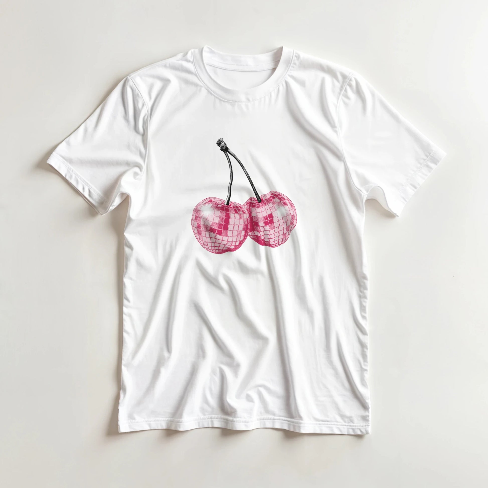White women's cotton T-shirt with glitter ball cherries graphic on front.