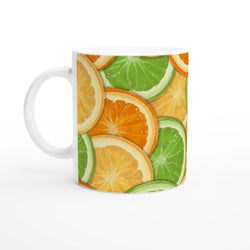 Cute Citrus Mug with orange, lime, and lemon slice design for coffee or tea.