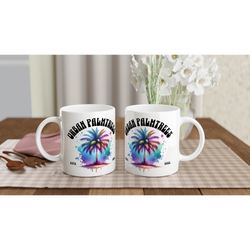 Two white mugs with a colorful retro palm trees design and Urban Palm Trees logo.
