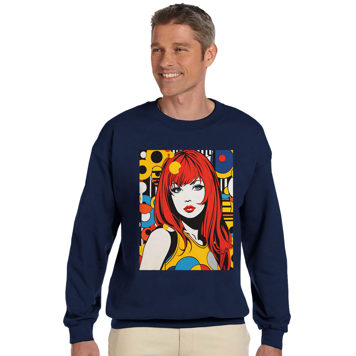 Male model wearing navy sweatshirt with retro redhead pop art woman graphic.