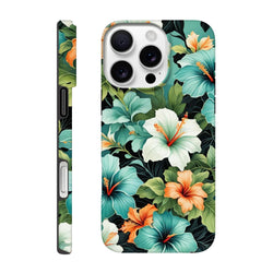 Tropical hibiscus floral iPhone case with teal, white, and orange flowers offering tough shock-absorbing protection for festivals and daily use.