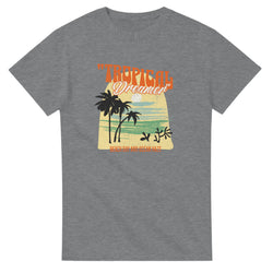 Tropical Dreamer women's graphic T-shirt with palm trees, sunset, and retro text on soft cotton blend heather gray.