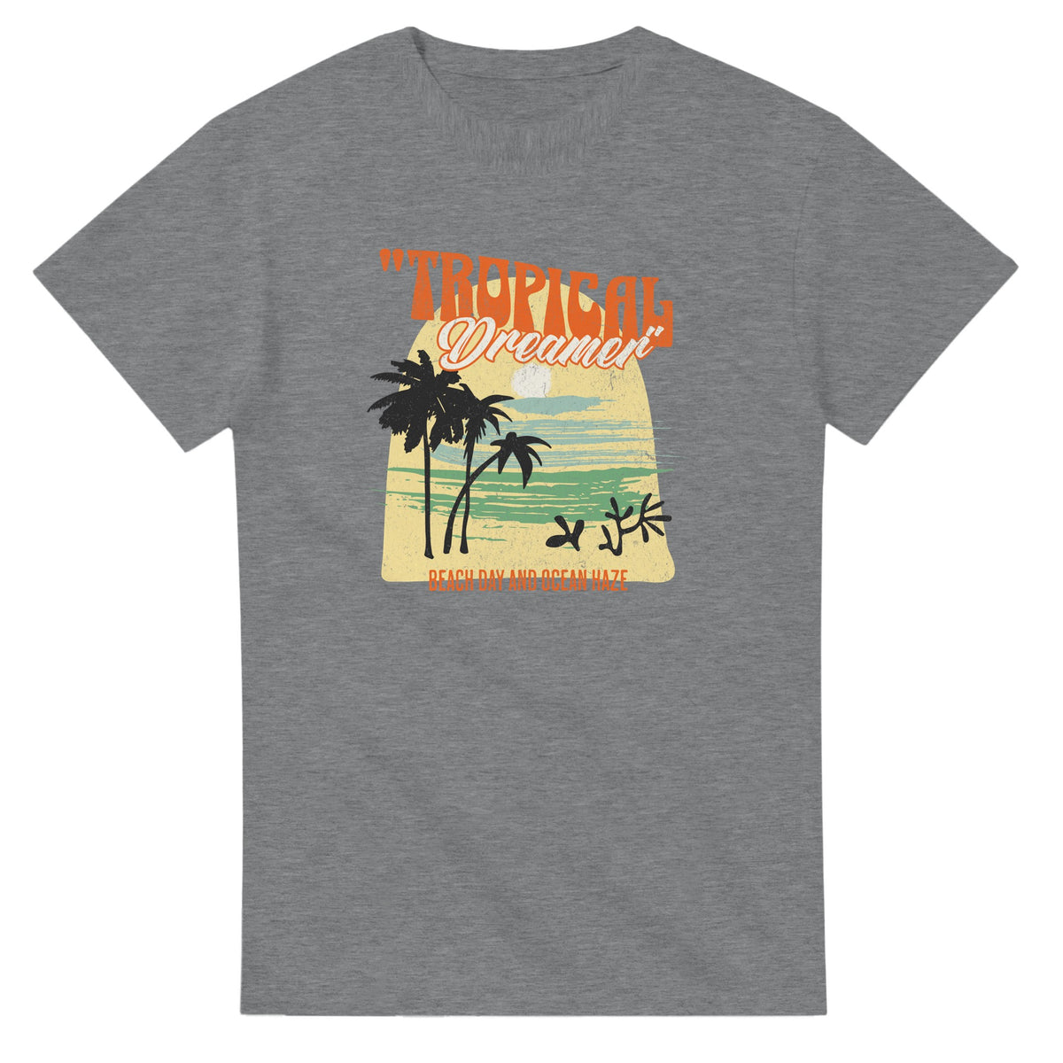 Tropical Dreamer women's graphic T-shirt with palm trees, sunset, and retro text on soft cotton blend heather gray.