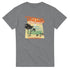 Tropical Dreamer women's graphic T-shirt with palm trees, sunset, and retro text on soft cotton blend heather gray.