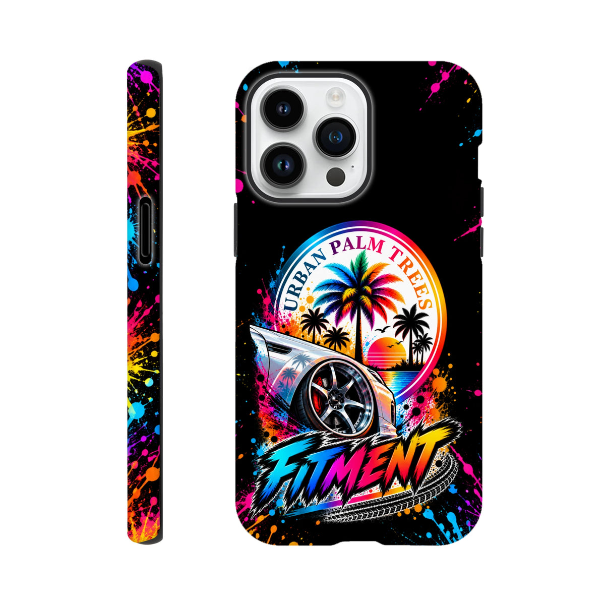 Fitment iPhone case featuring modified car, colorful palm trees, and "Urban Palm Trees" text with neon paint splatters.