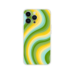 Retro green and yellow Y2K swirl iPhone case (13–16) with matte finish, slim, flexible shell and shock protection.