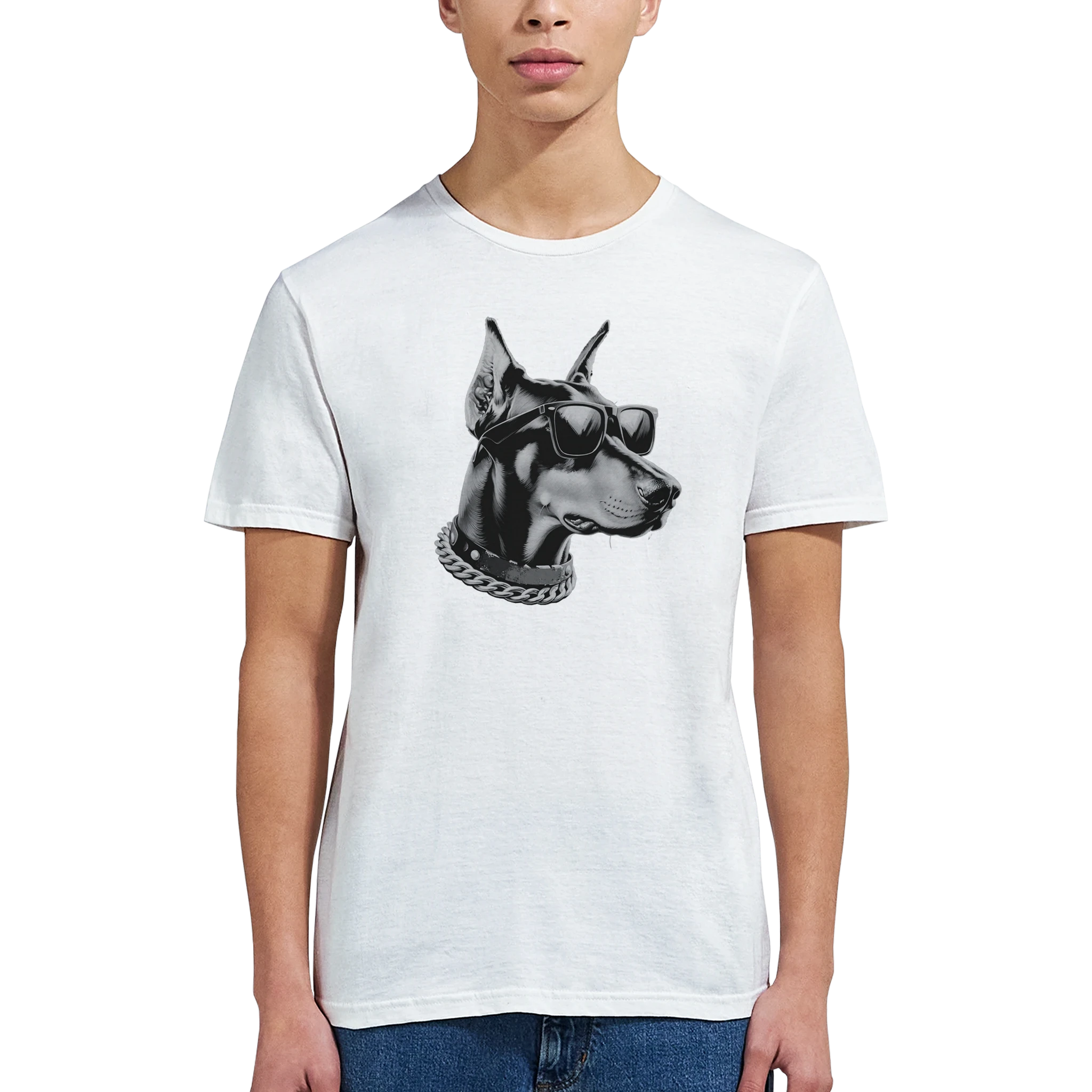White Gangster Dog T Shirt featuring a dog wearing sunglasses and a chain necklace.