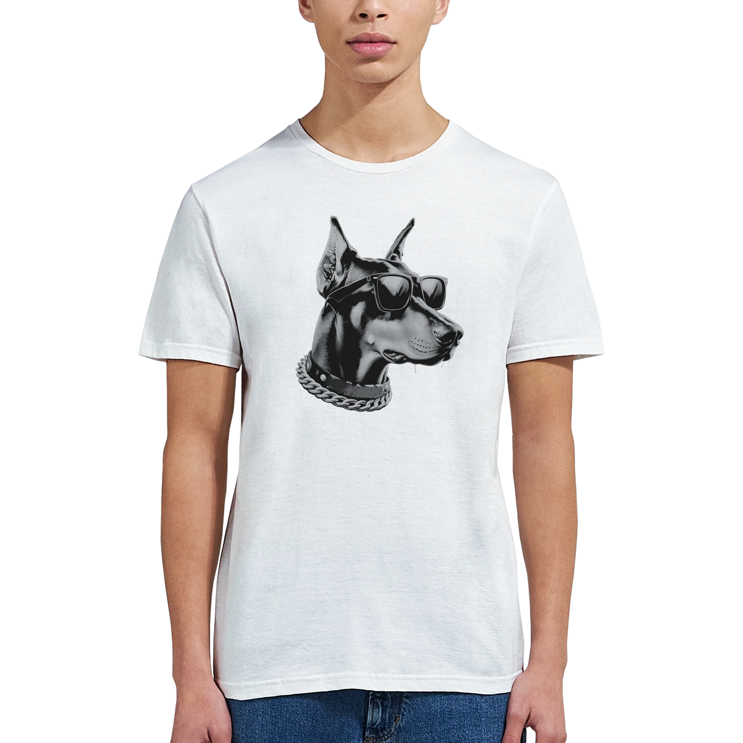 White Gangster Dog T Shirt featuring a dog wearing sunglasses and a chain necklace.