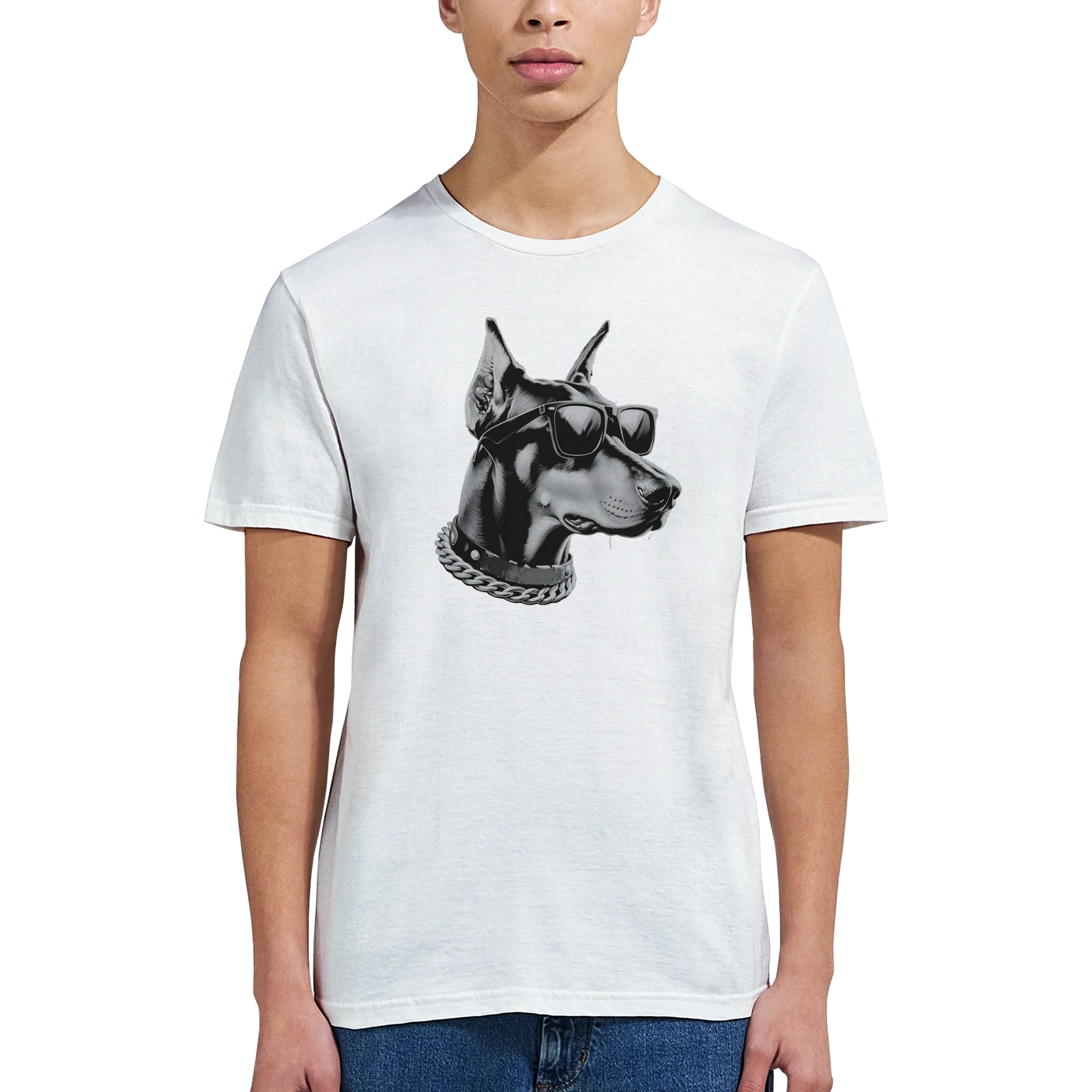 White Gangster Dog T Shirt featuring a dog wearing sunglasses and a chain necklace.
