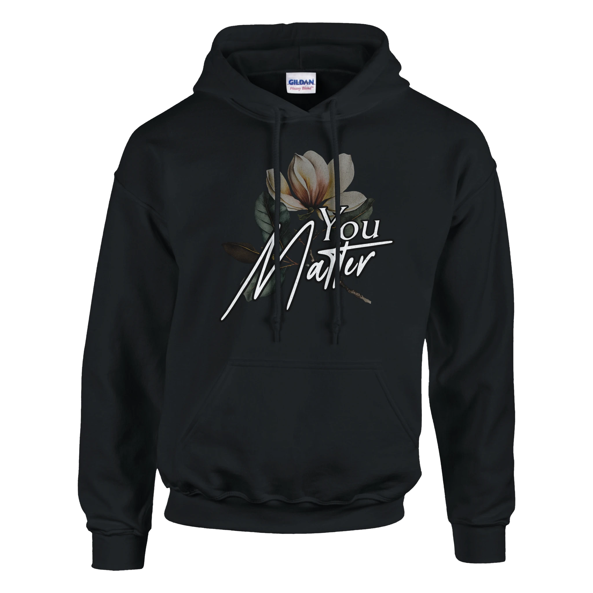 Women's black hoodie with floral You Matter slogan graphic, drawstring hood and front pouch pocket, 50/50 cotton-poly.
