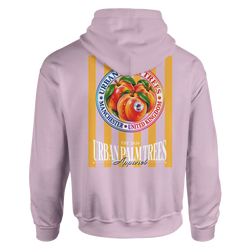 Back of pink hoodie featuring retro striped peach graphic, Urban Palm Trees text, and Manchester United Kingdom branding.