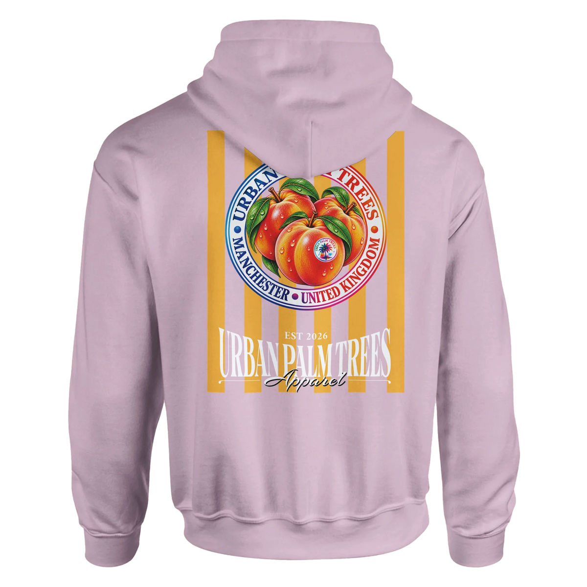 Back of pink hoodie featuring retro striped peach graphic, Urban Palm Trees text, and Manchester United Kingdom branding.