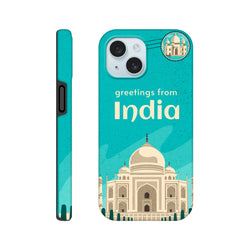 Teal India Taj Mahal postcard iPhone case (13–16) travel cover with wraparound Taj Mahal artwork.