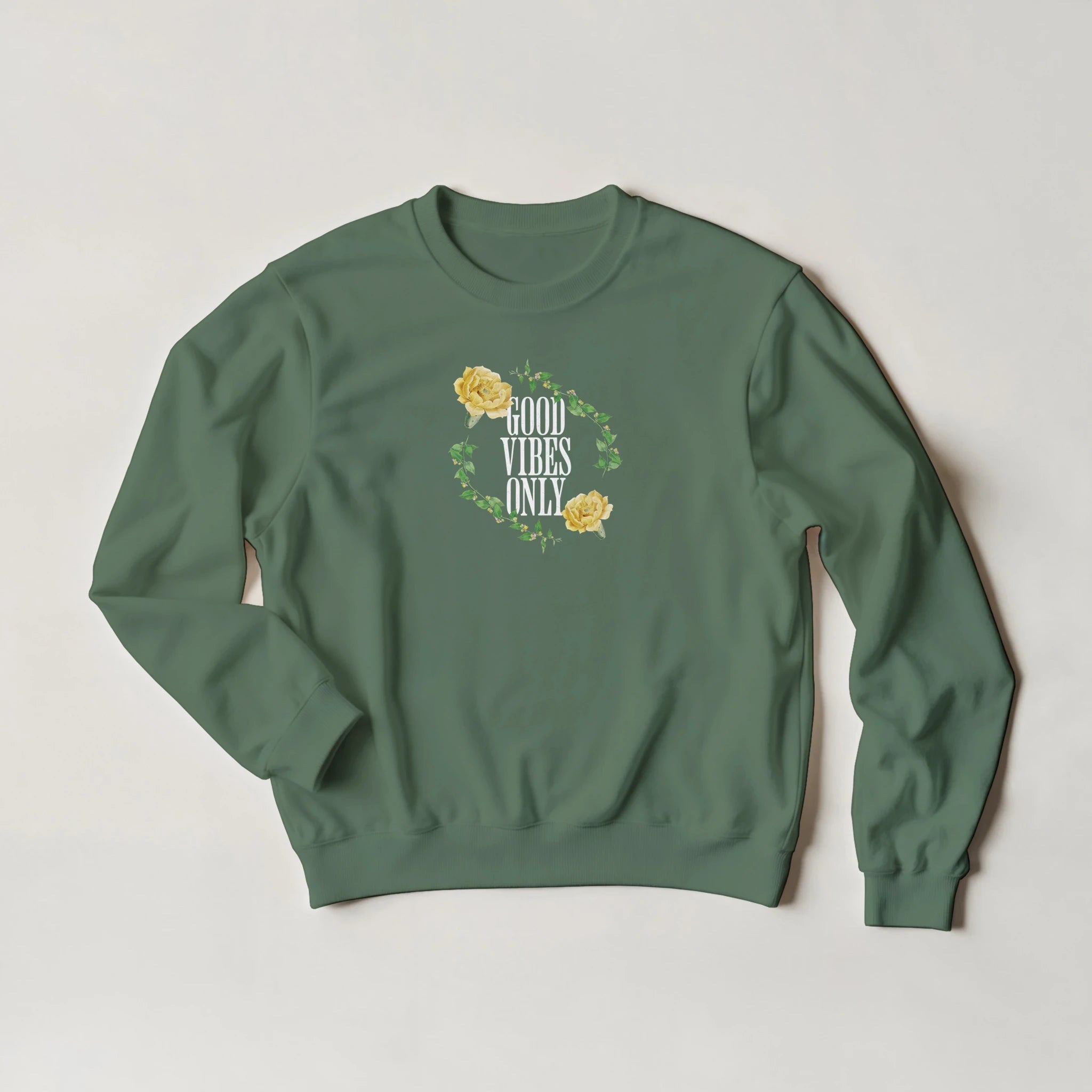 Green women's mental health jumper, heavy 50/50 cotton-poly sweatshirt with floral wreath and Good Vibes Only graphic.